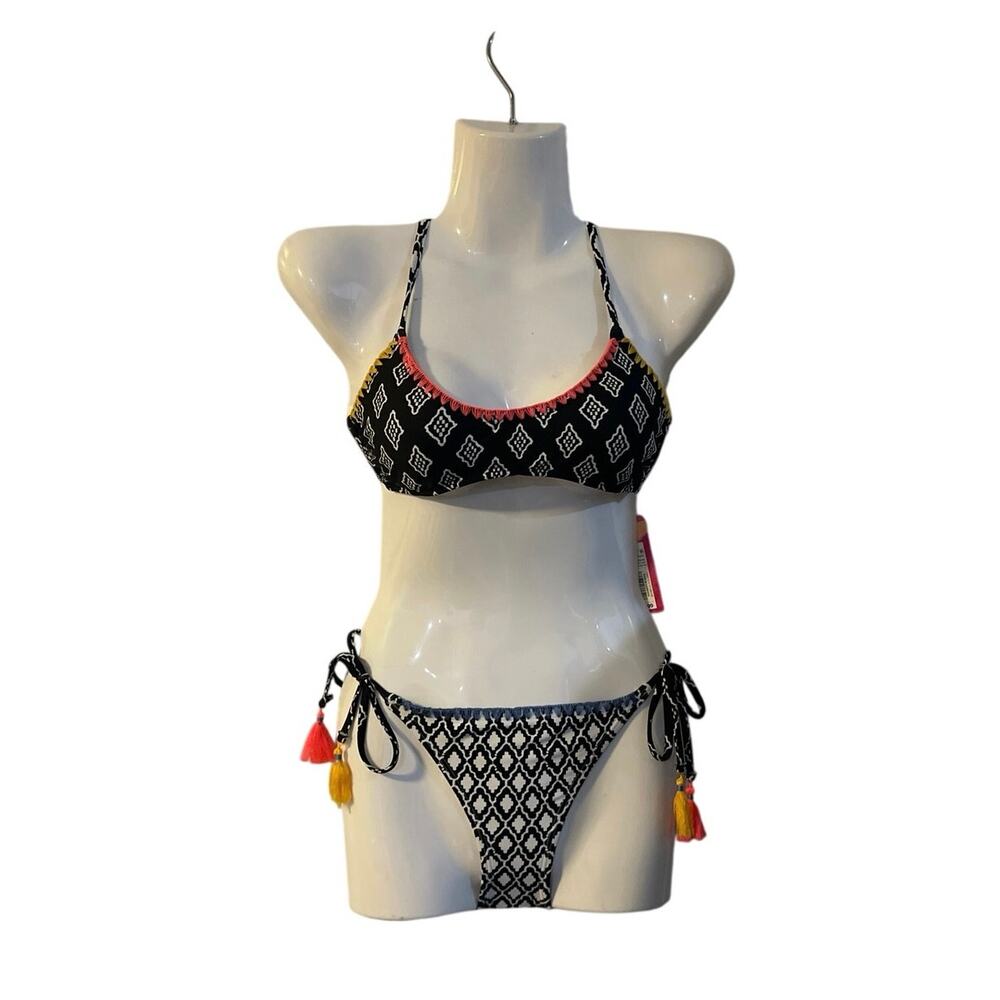 Xhilaration Crochet Black White Tassel String Bikini Set SZ XS Swimwear Beach